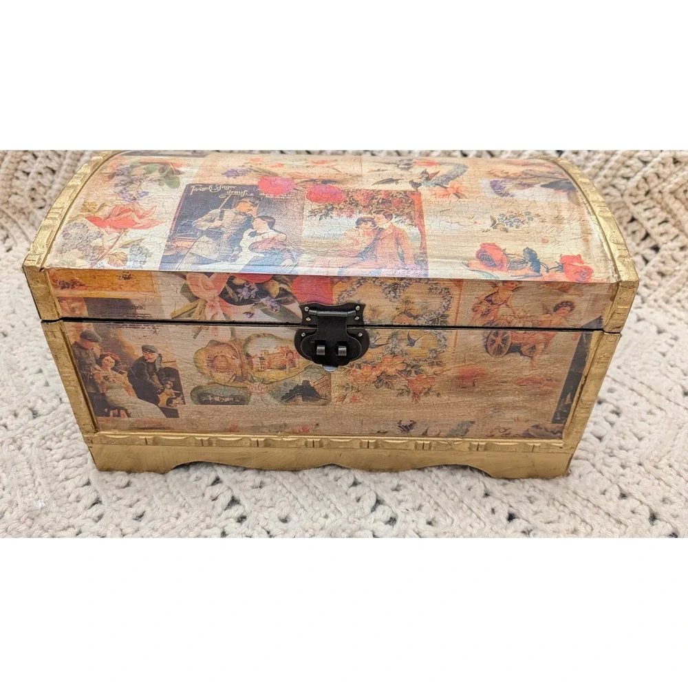 Vintage Style Decoupage Wooden Treasure Chest Jewelry Keepsake Box Gold Trim